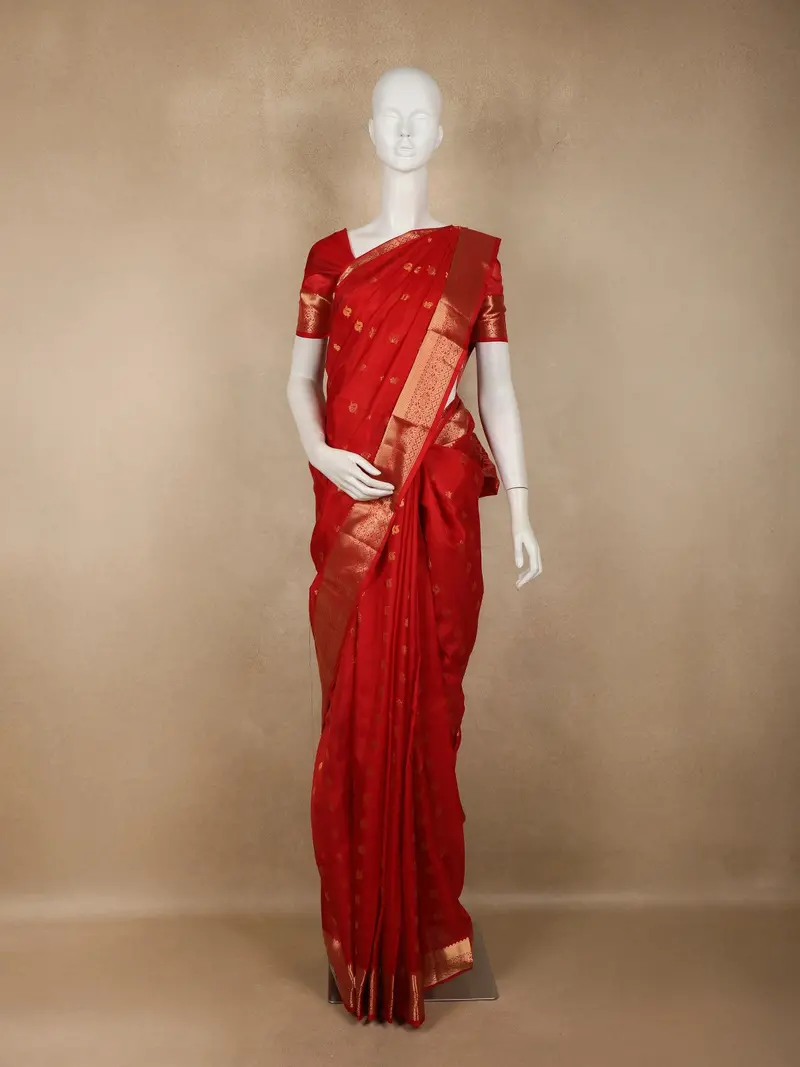 Bright Red Butta Woven Design Kanchipuram Silk Saree With Zari Border 1