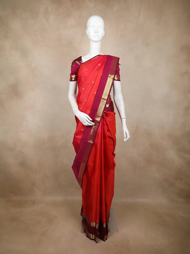 Bright Red Butta Woven Design Pure Kanchipuram Silk Saree With Contrast Zari Woven Border 1