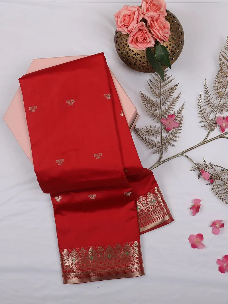 Bright Red Butta Woven Design Soft Silk Saree With Silver Zari Floral Border 1