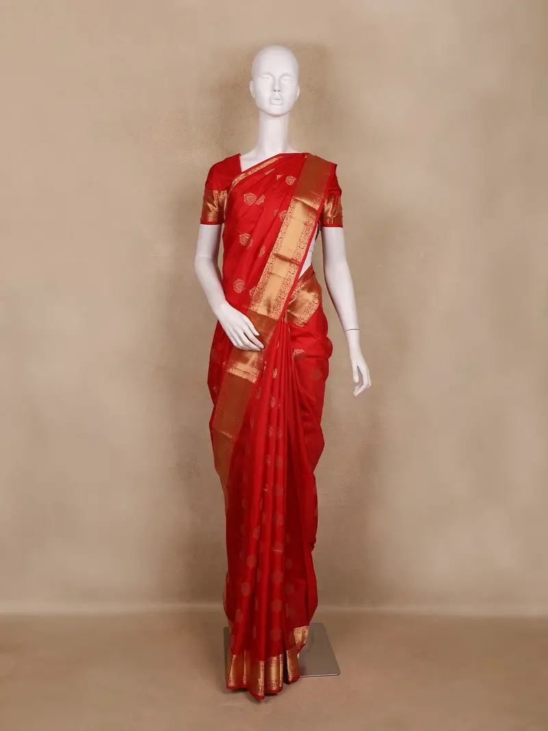 Bright Red Butta Woven Pure Kanchipuram Silk Saree 1