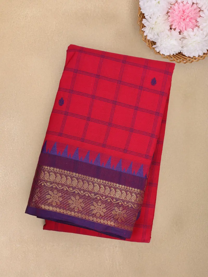 Bright Red Checked Woven Design Cotton Saree With Purple Zari Woven Border 1