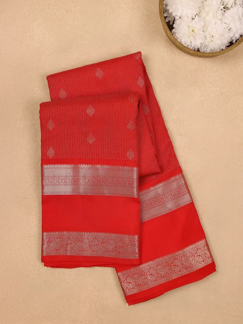 Bright Red Checkered Woven Pure Kanchipuram Silk Saree 1