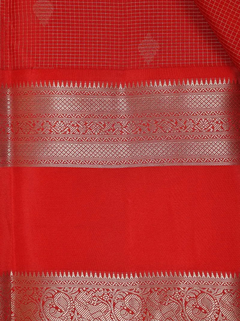 Bright Red Checkered Woven Pure Kanchipuram Silk Saree 2