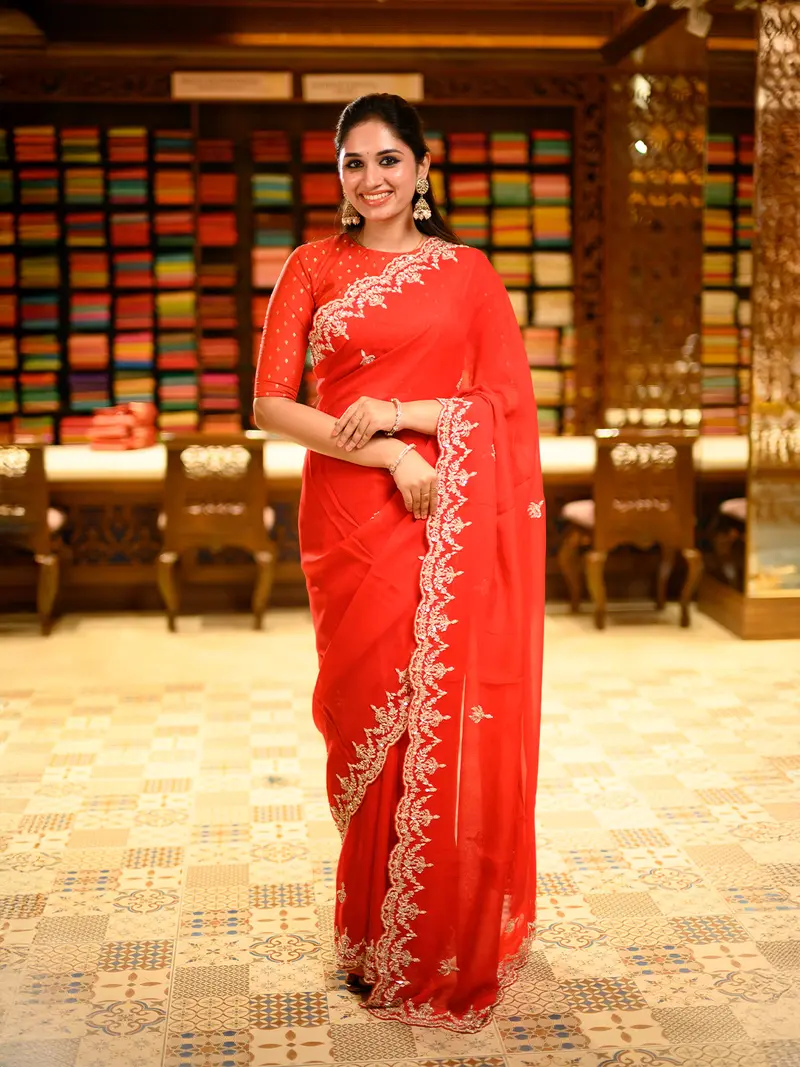 Bright Red Embroidered Georgette Saree 1