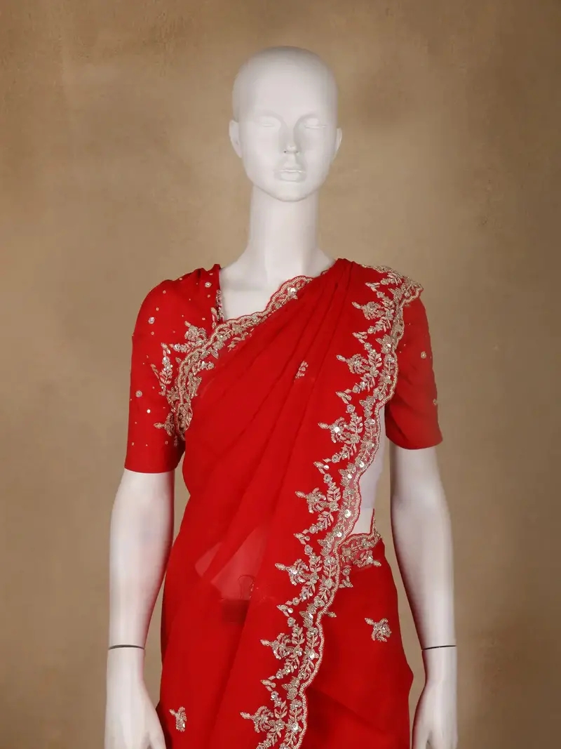 Bright Red Embroidered Georgette Saree 2