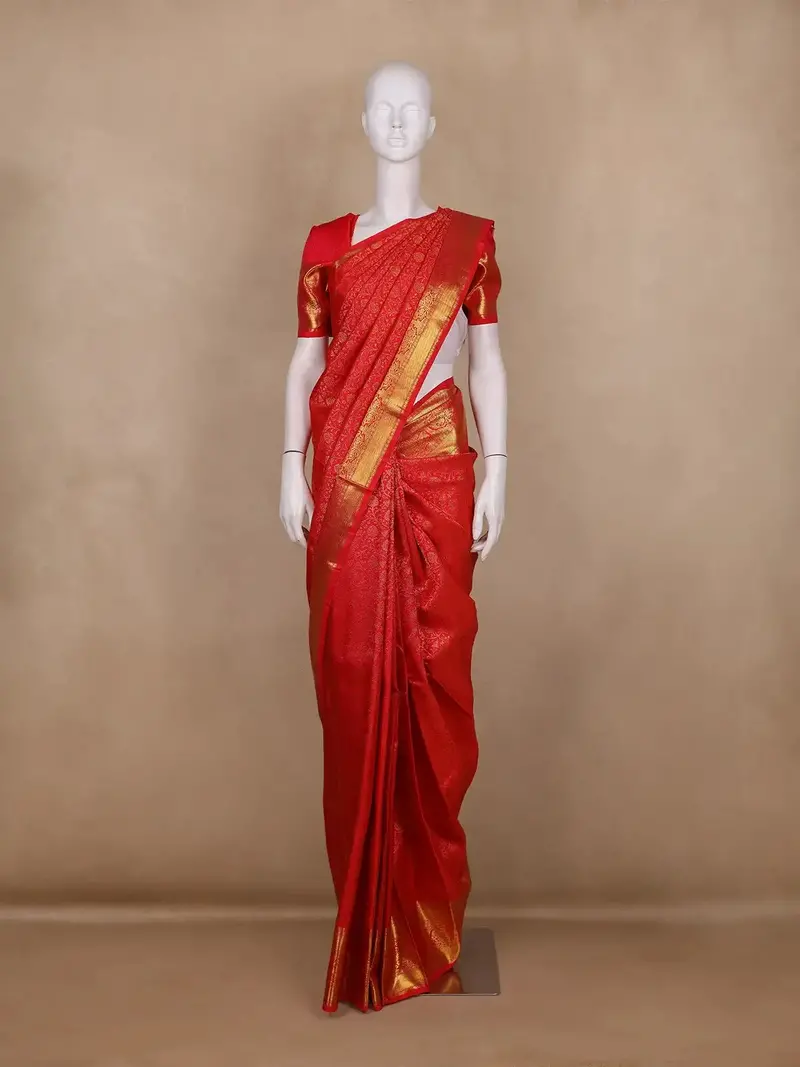 Bright Red Floral Design Pure Kanchipuram Silk Saree 1