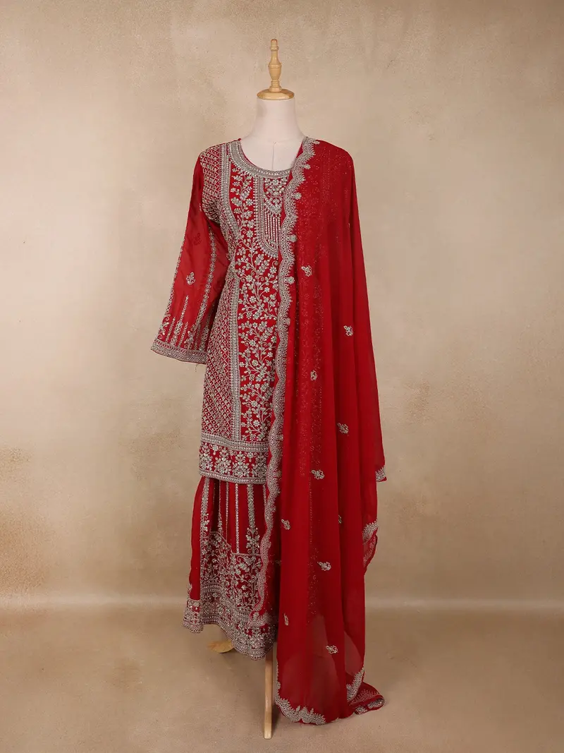 Bright Red Floral Embroidered Design Georgette Palazzo Suit With Dupatta 1