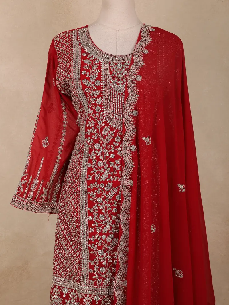 Bright Red Floral Embroidered Design Georgette Palazzo Suit With Dupatta 2