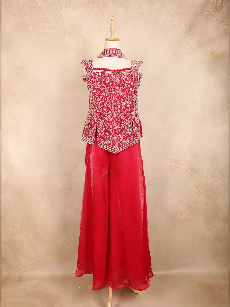 Bright Red Floral Embroidered Design Organza Palazzo Suit 1