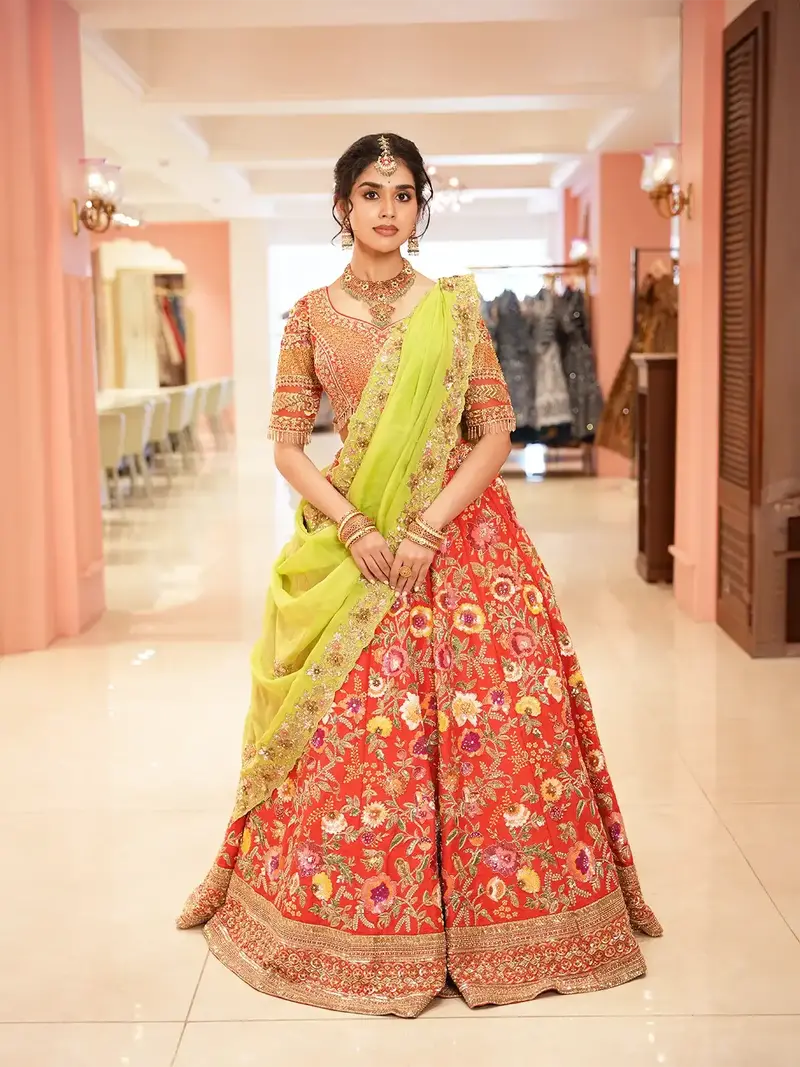 Bright Red Floral Embroidered Raw Silk Bridal Lehenga 1