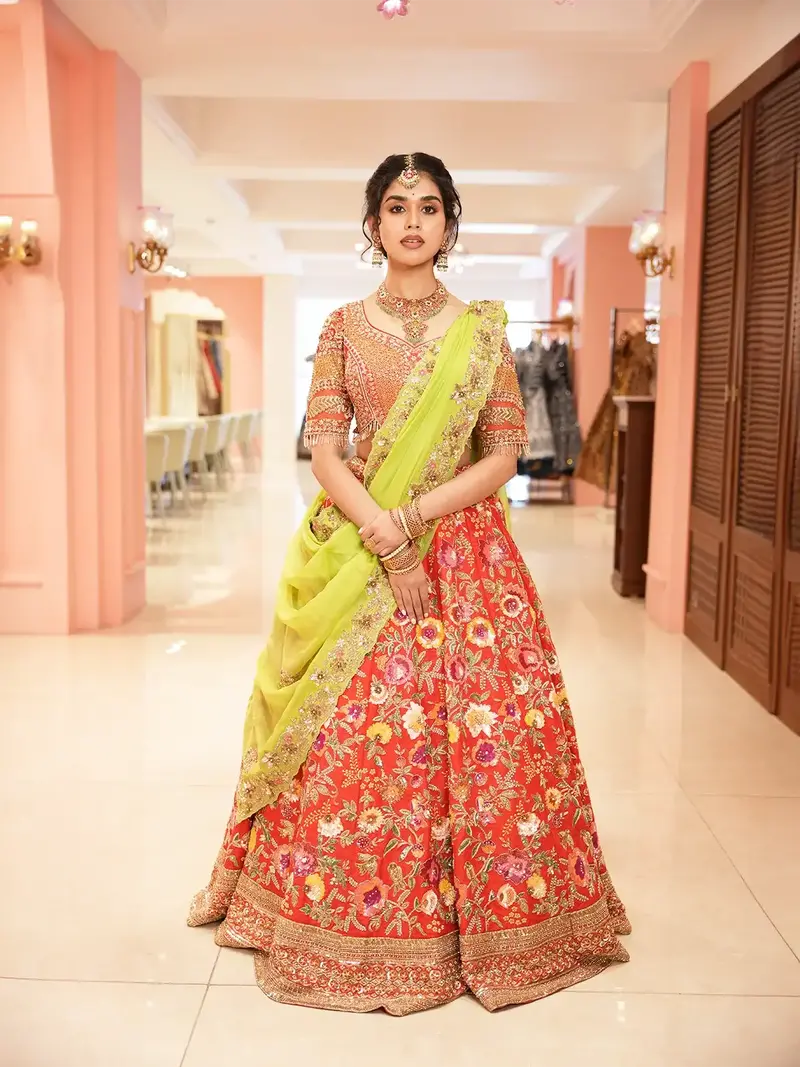 Bright Red Floral Embroidered Raw Silk Bridal Lehenga 2