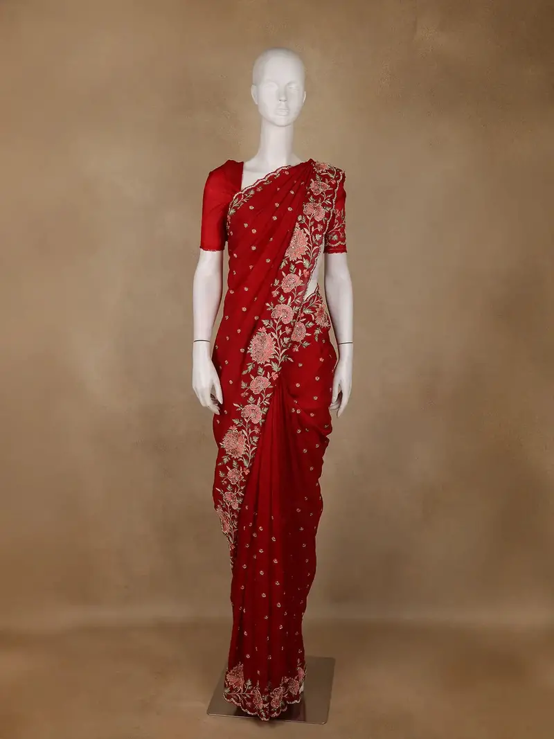 Bright Red Floral Embroidered Satin Saree 1