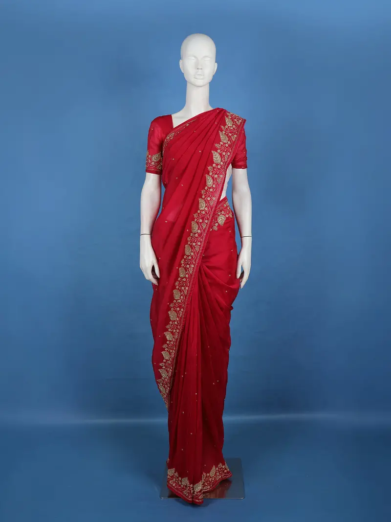Bright Red Floral Embroidered Satin Saree 1