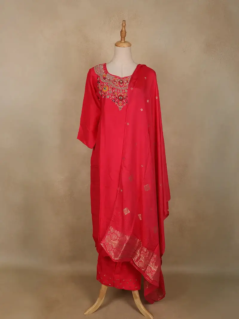 Bright Red Floral Embroidered Silk Cotton Salwar Suit 1