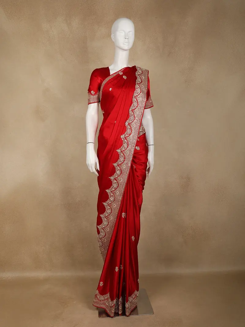 Bright Red Floral Heavy Sequins And Beads Embroidered Design Satin Designer Saree 1