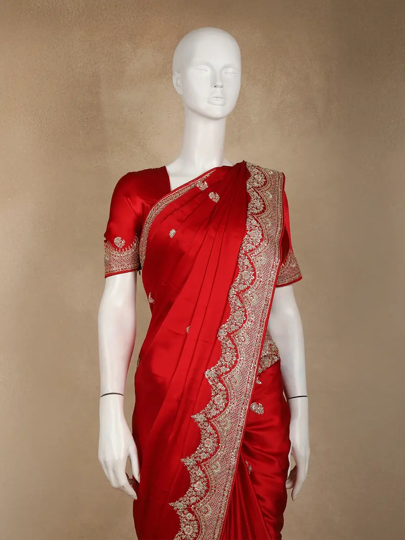 Bright Red Floral Heavy Sequins And Beads Embroidered Design Satin Designer Saree 2