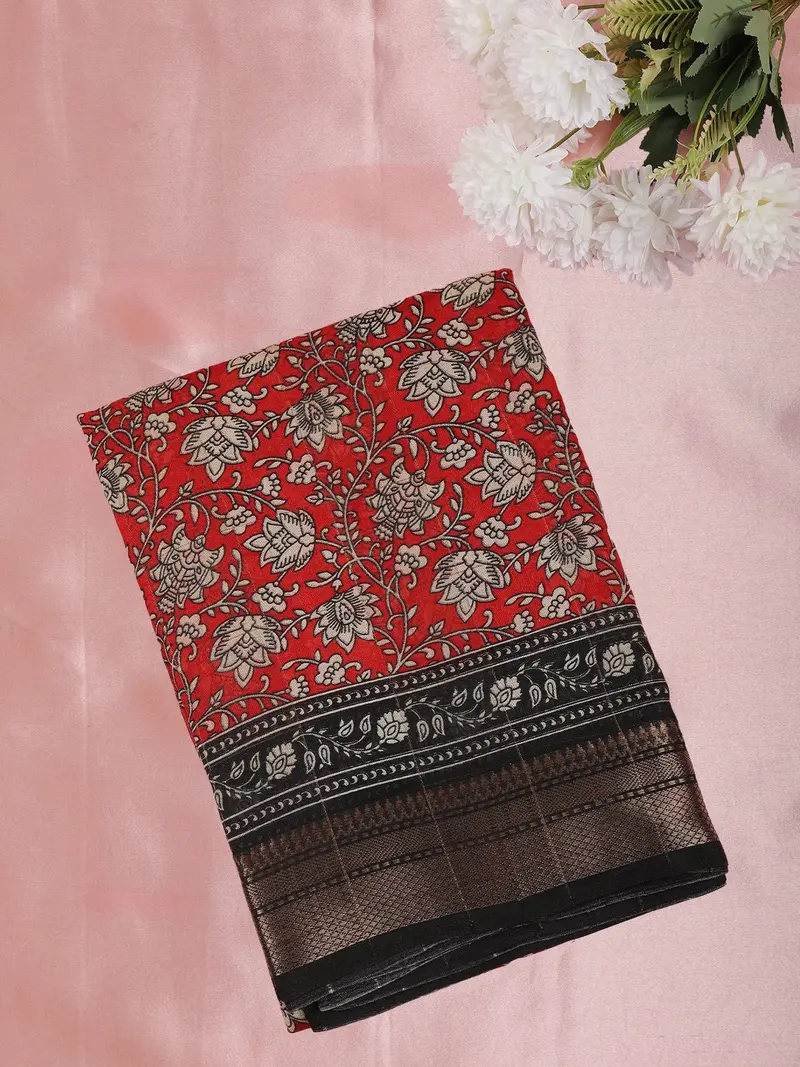Bright Red Floral Printed Design Mixed Cotton Fancy Saree With Zari Border 1