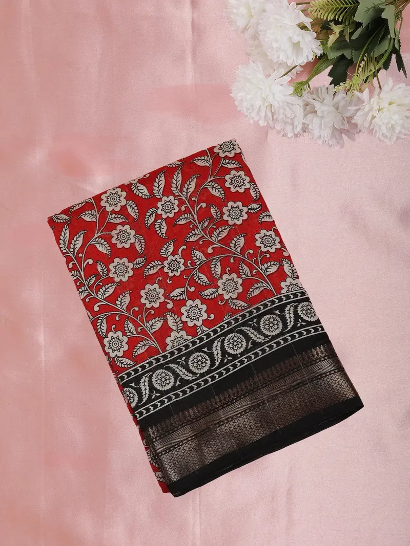 Bright Red Floral Printed Design Mixed Cotton Fancy Saree With Zari Border 1