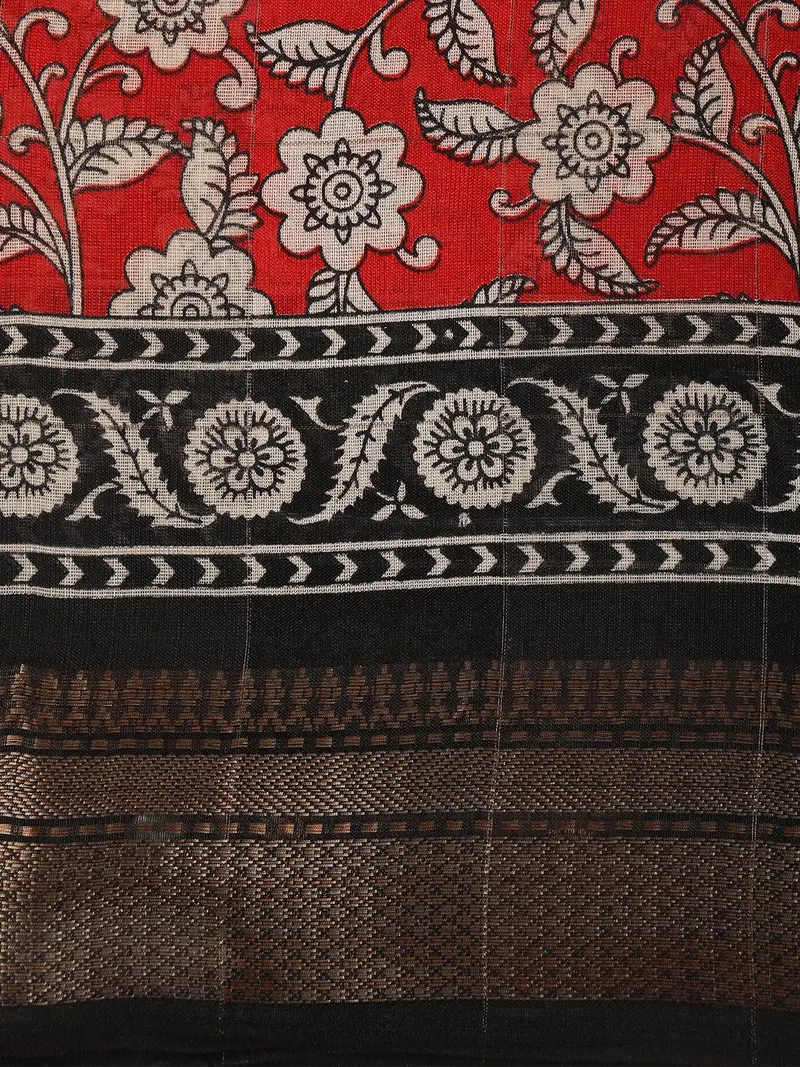 Bright Red Floral Printed Design Mixed Cotton Fancy Saree With Zari Border 2