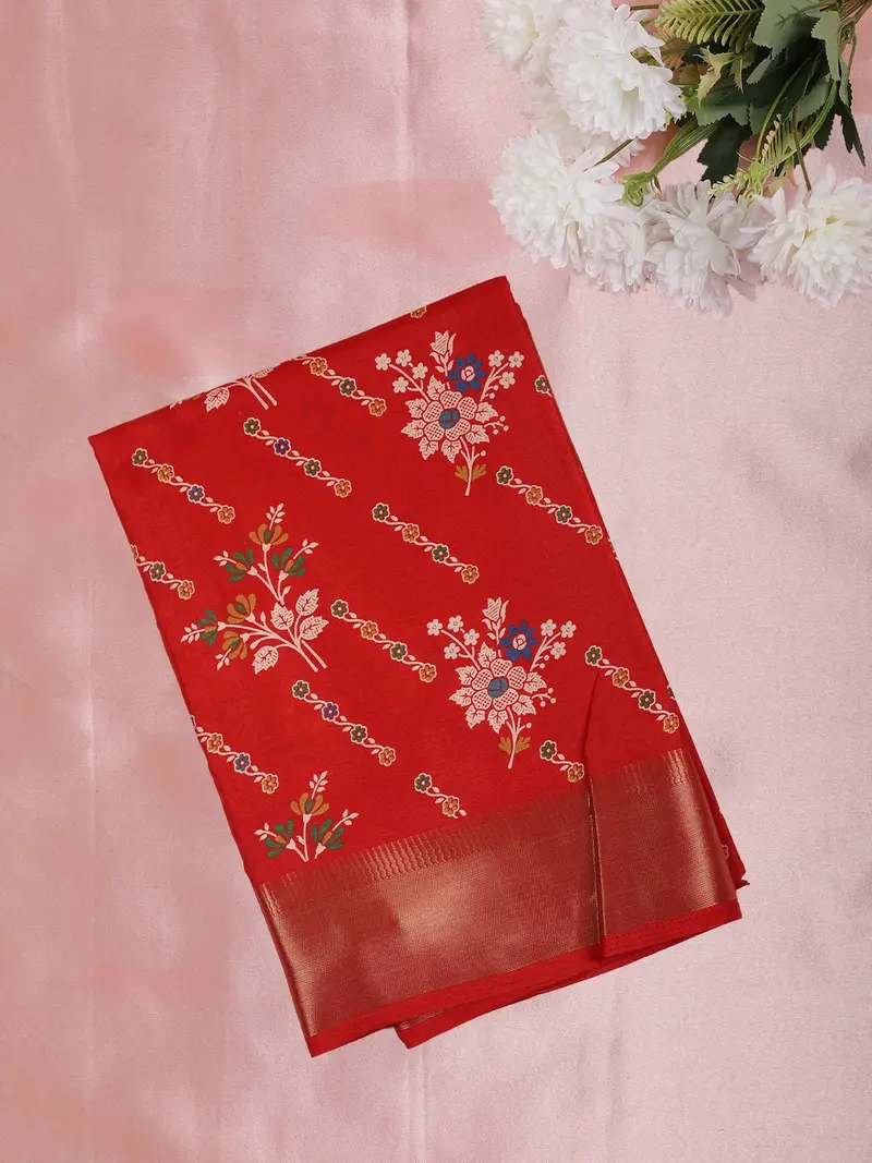 Bright Red Floral Printed Design Mixed Silk Cotton Fancy Saree With Zari Border 1