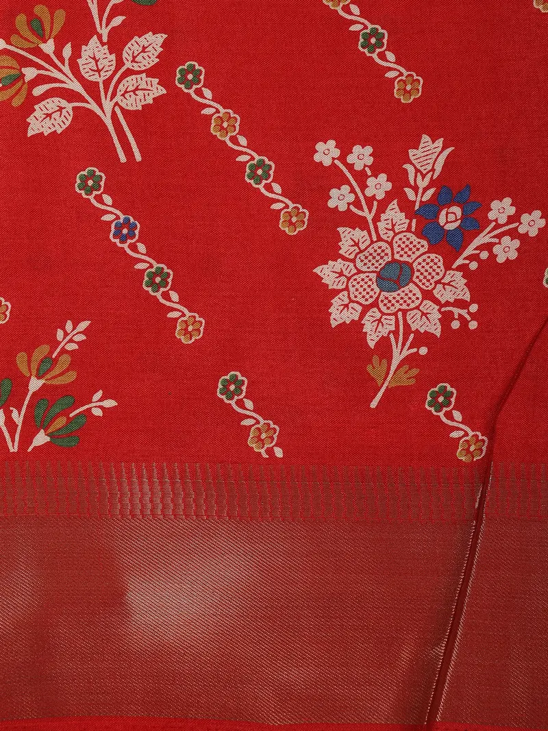 Bright Red Floral Printed Design Mixed Silk Cotton Fancy Saree With Zari Border 2