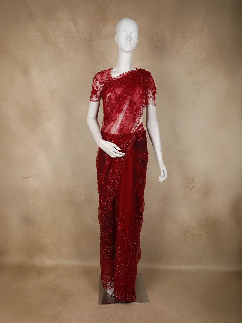 Bright Red Floral Sequins  And Beads Embroidered Design Net Designer Saree 1