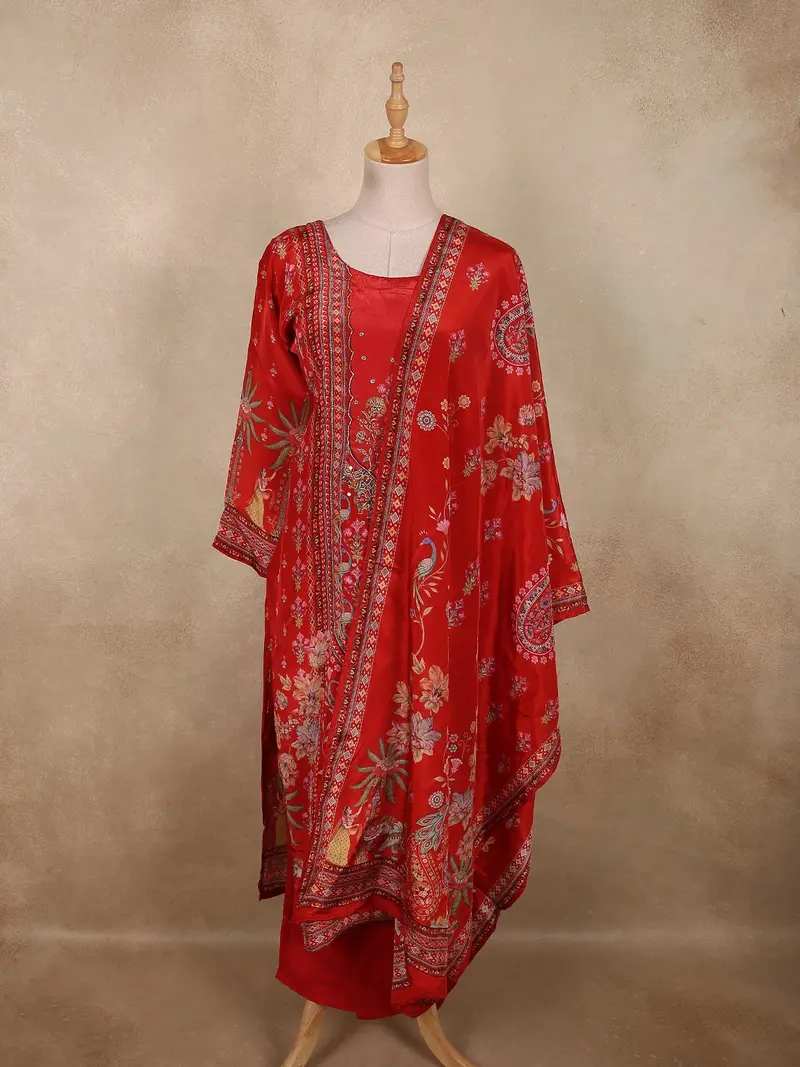Bright Red Floral Sequins Embroidered Design Crepe Straight Cut Salwar Suit 1