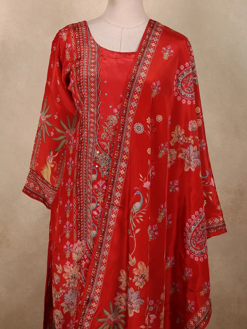 Bright Red Floral Sequins Embroidered Design Crepe Straight Cut Salwar Suit 2