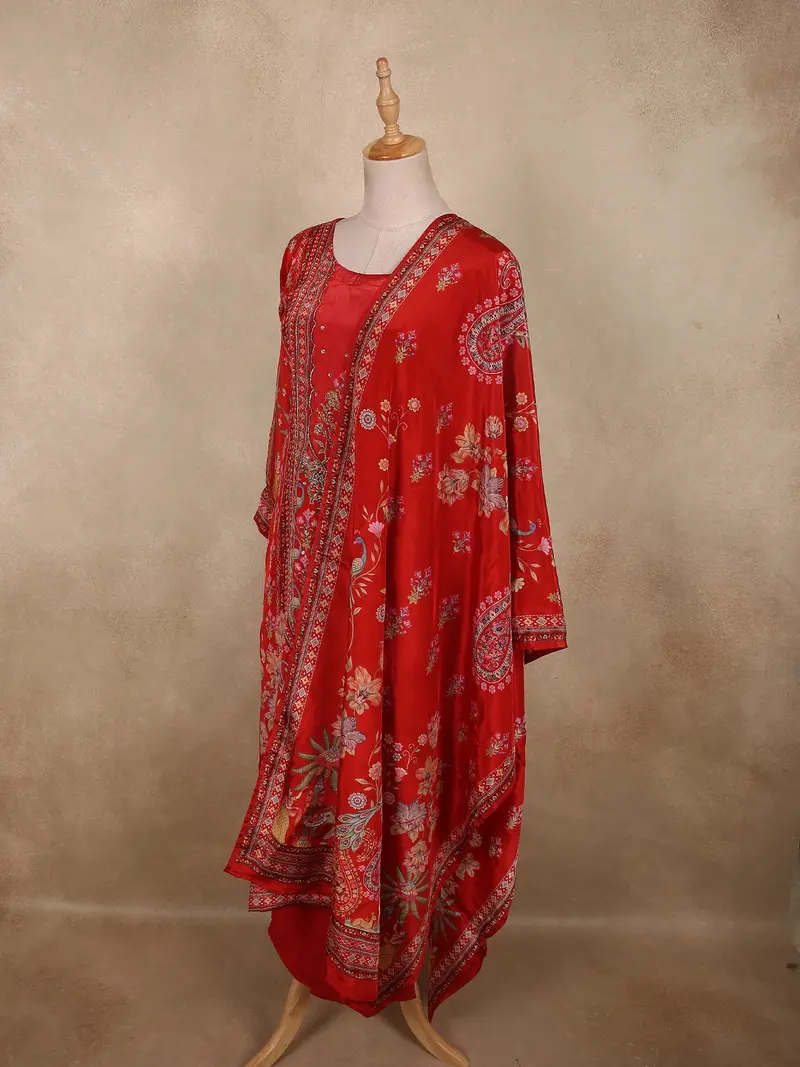 Bright Red Floral Sequins Embroidered Design Crepe Straight Cut Salwar Suit 3