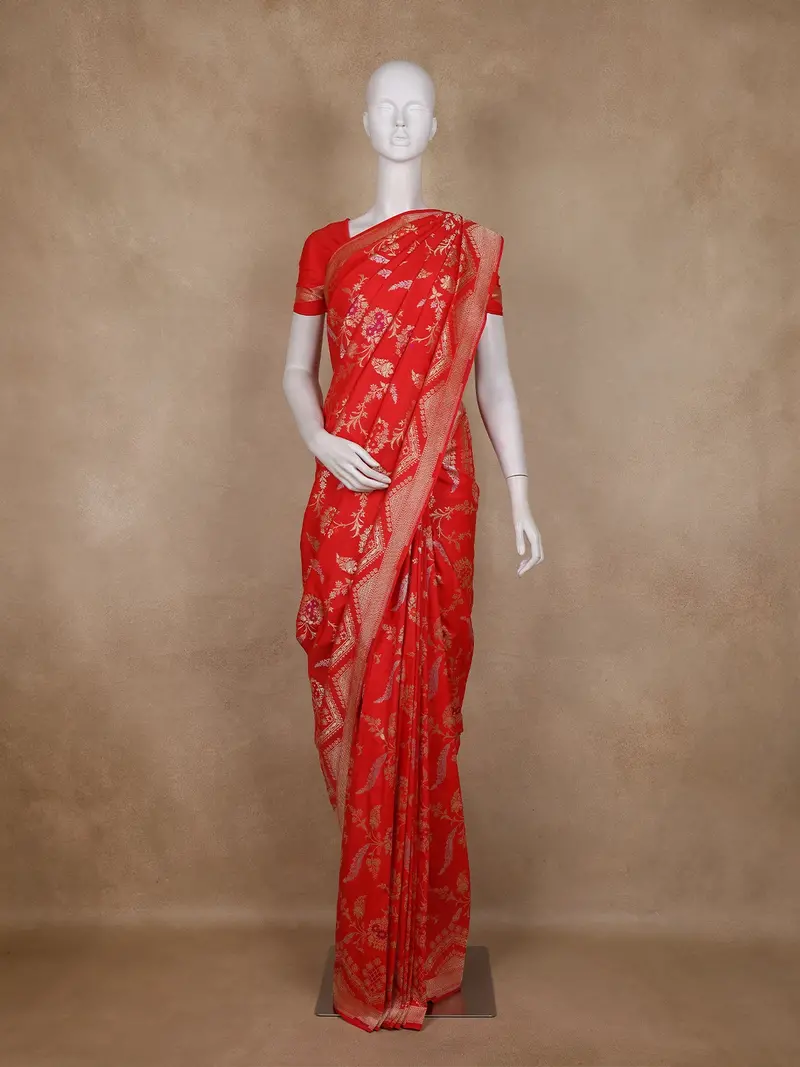 Bright Red Floral Woven Design Banarasi Saree With Zari Border 1