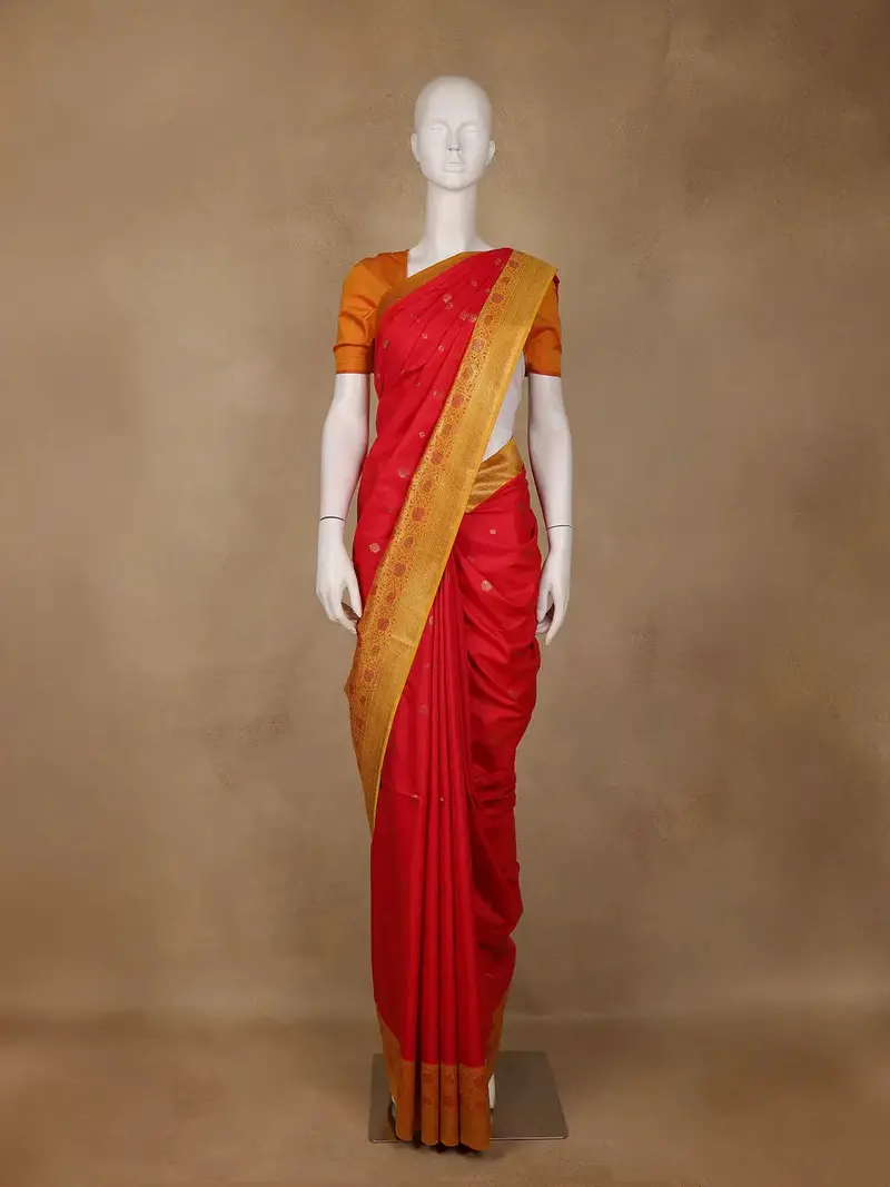 Bright Red Floral Woven Soft Silk Saree With Marigold Yellow Contrast Border 1