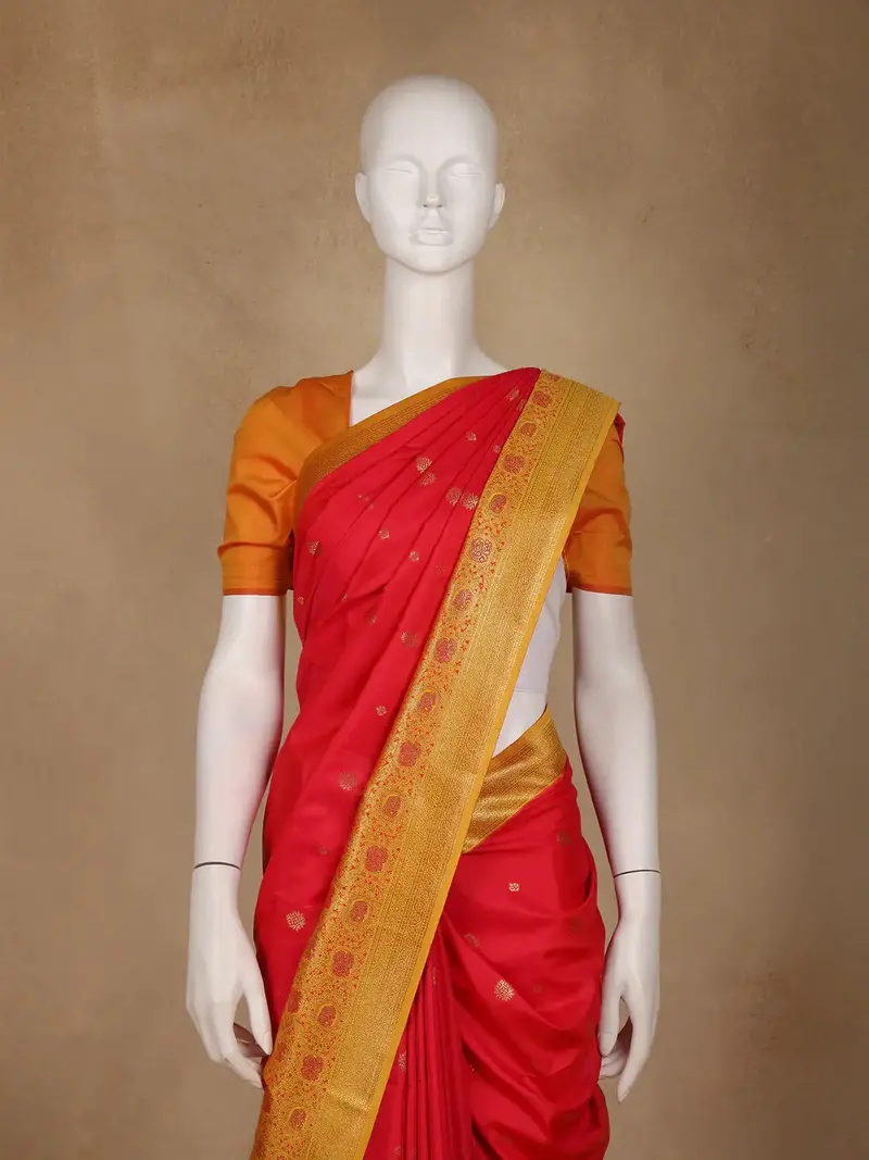 Bright Red Floral Woven Soft Silk Saree With Marigold Yellow Contrast Border 2