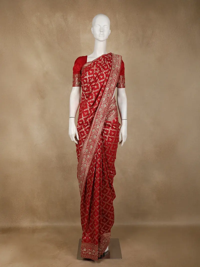 Bright Red Floral Zari And Beads Embroidered Design Banarasi Wedding Saree 1