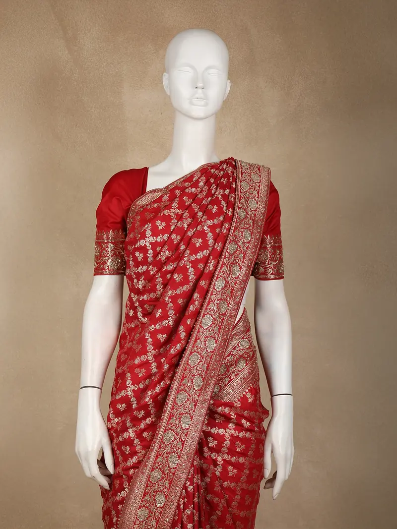 Bright Red Floral Zari And Beads Embroidered Design Banarasi Wedding Saree 2