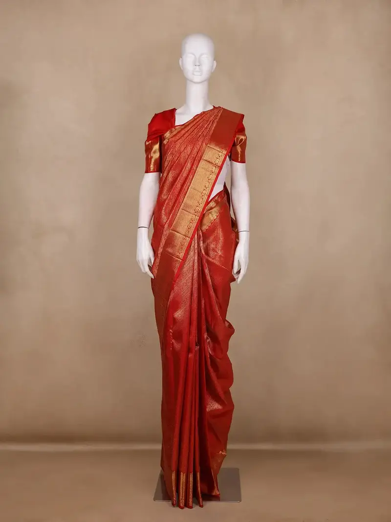 Bright Red Geometric Design Pure Kanchipuram Silk Saree 1