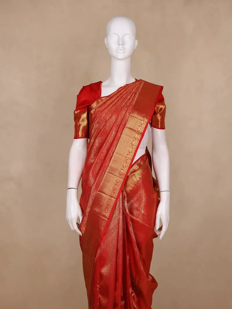 Bright Red Geometric Design Pure Kanchipuram Silk Saree 2