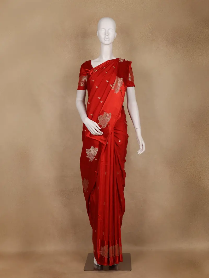 Bright Red Motif Design Semi Banarasi Silk Saree 1
