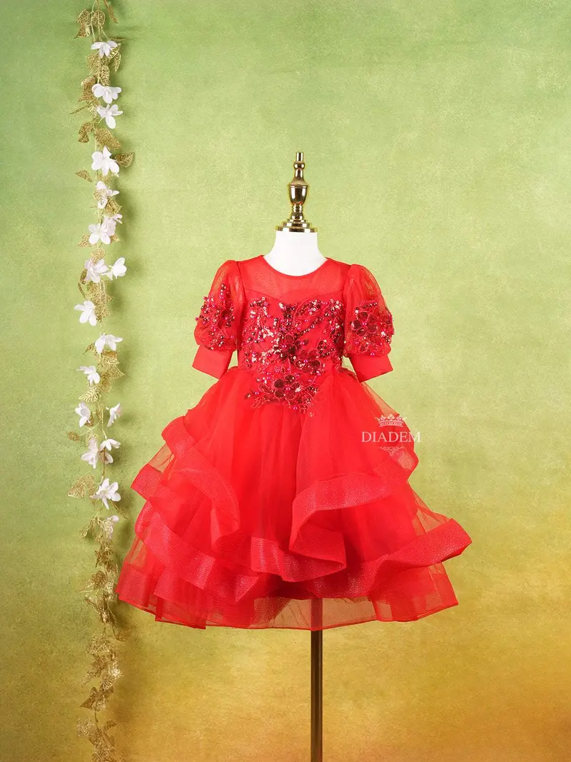 Bright Red Net Layered Gown Adorned With 3D Flowers And Sequins 1