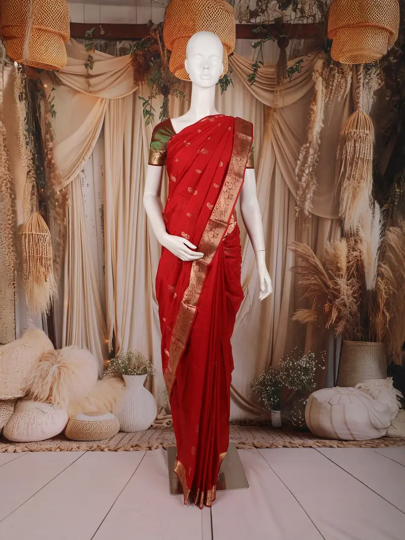 Bright Red Paisley Butta Woven Design Kanchipuram Silk Saree With Zari Border 1