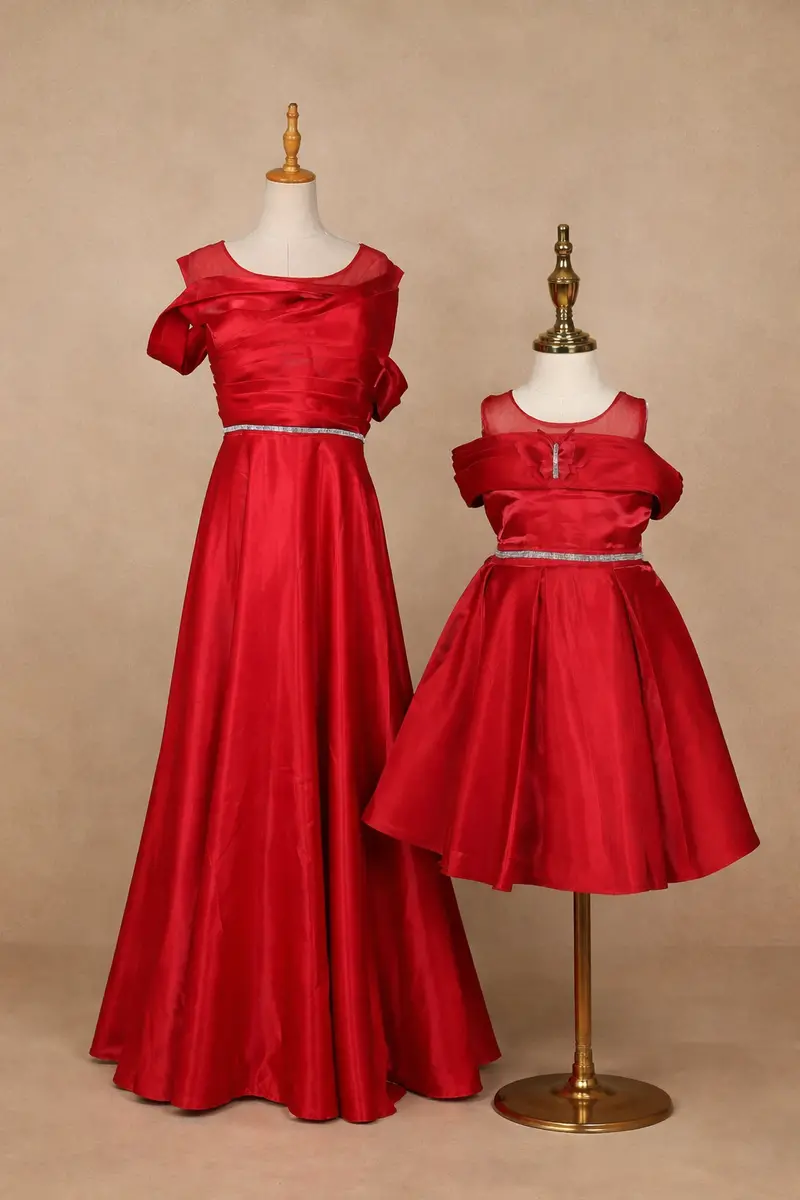 Bright Red Solid Design Organza Party Wear Gowns For Mother And Daughter 1