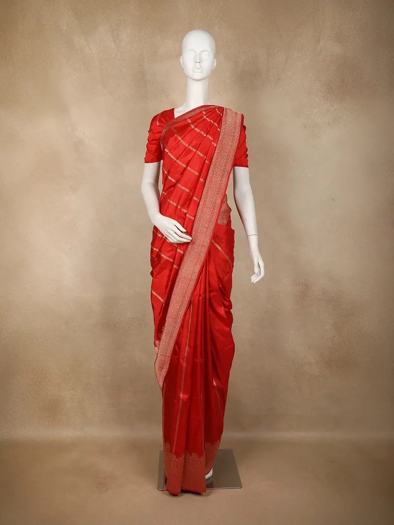 Bright Red Striped Woven Design Pure Banarasi Saree 1