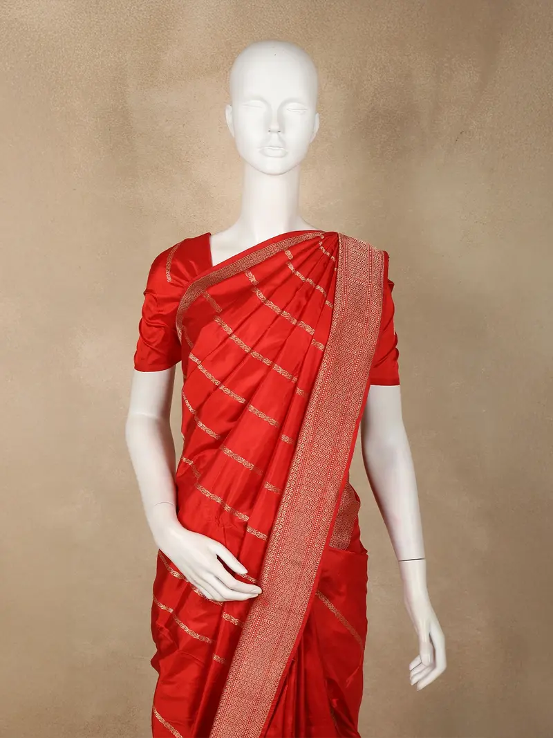 Bright Red Striped Woven Design Pure Banarasi Saree 2