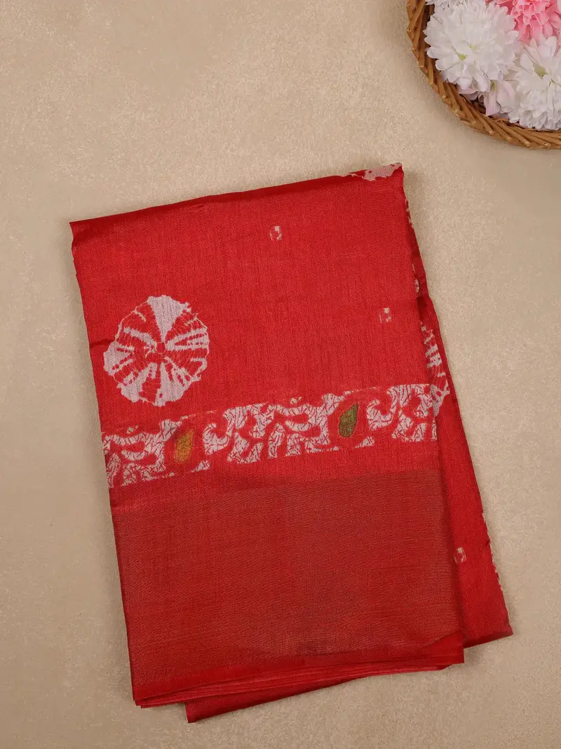 Bright Red Tie-Dye Printed Fancy Cotton Saree 1