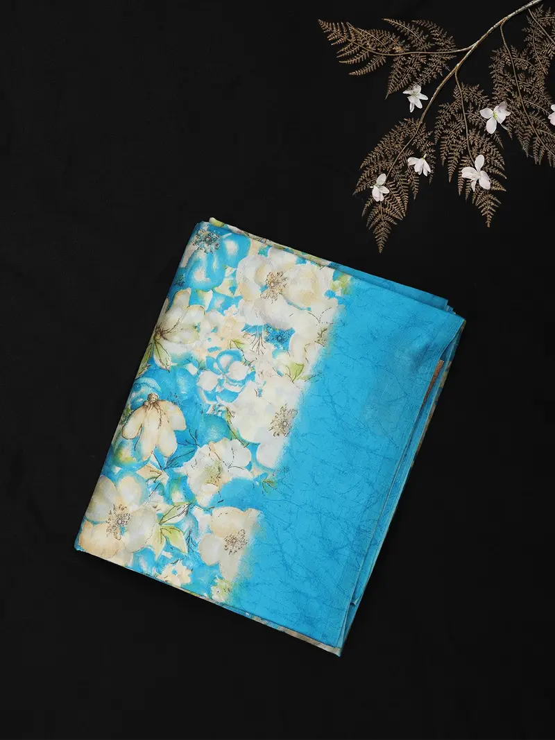 Bright Sky Blue Floral Woven Design Blended Cotton Saree 1
