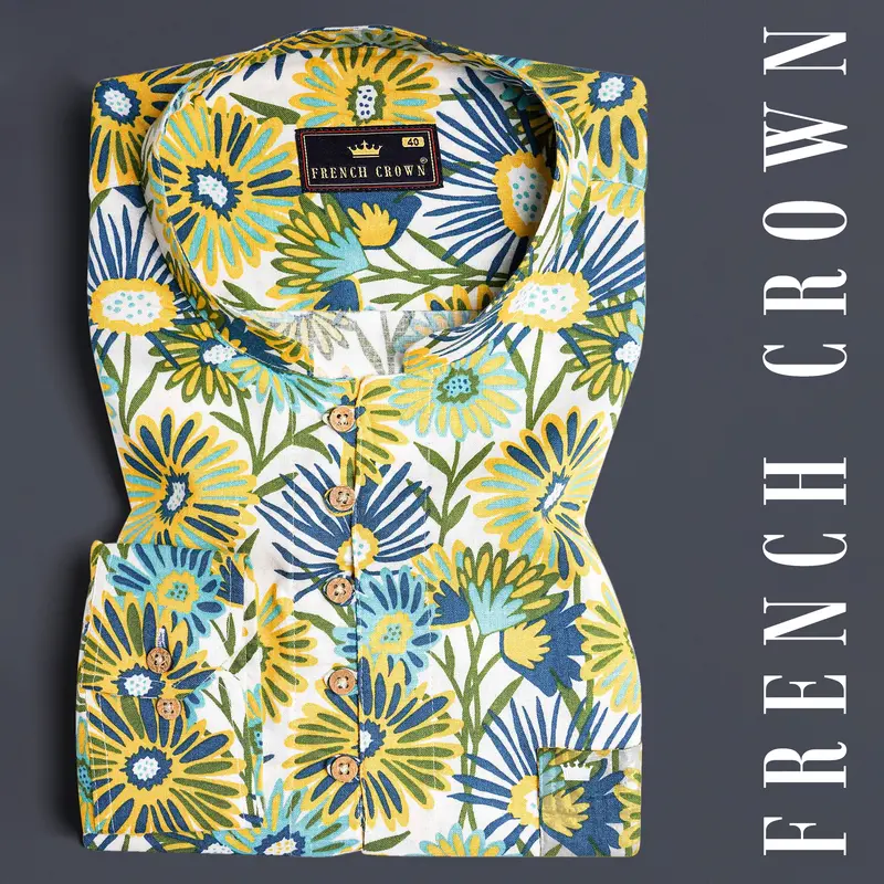Bright Sun Yellow Tropical Printed Oxford Kurta Shirt 1