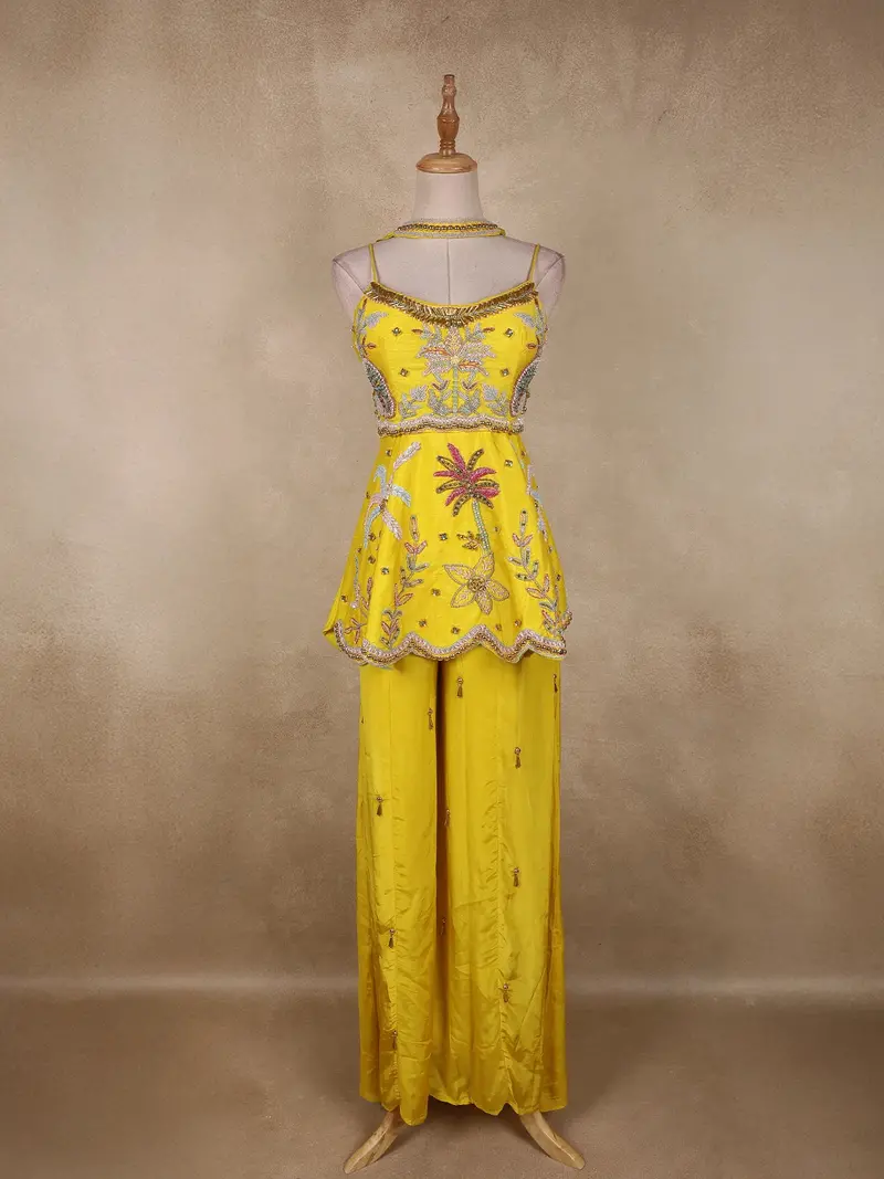 Bright Sunshine Yellow Floral Sequins And Beads Embroidered Design Crepe Palazzo Suit 1