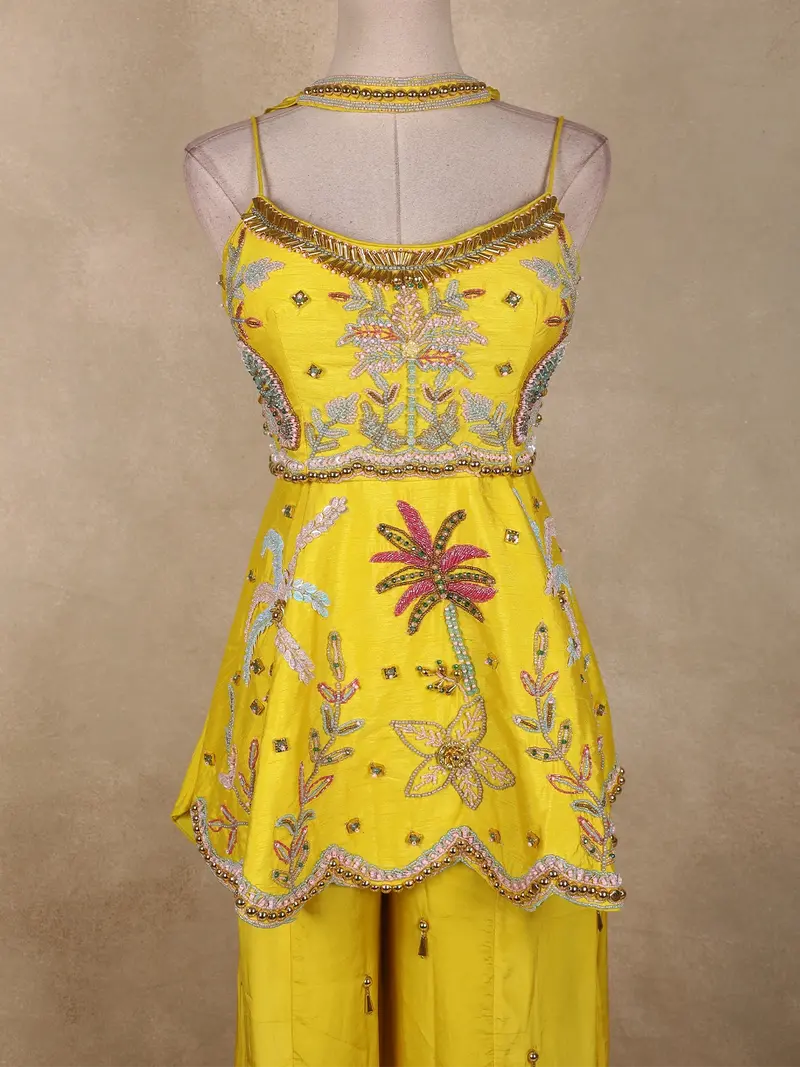 Bright Sunshine Yellow Floral Sequins And Beads Embroidered Design Crepe Palazzo Suit 2