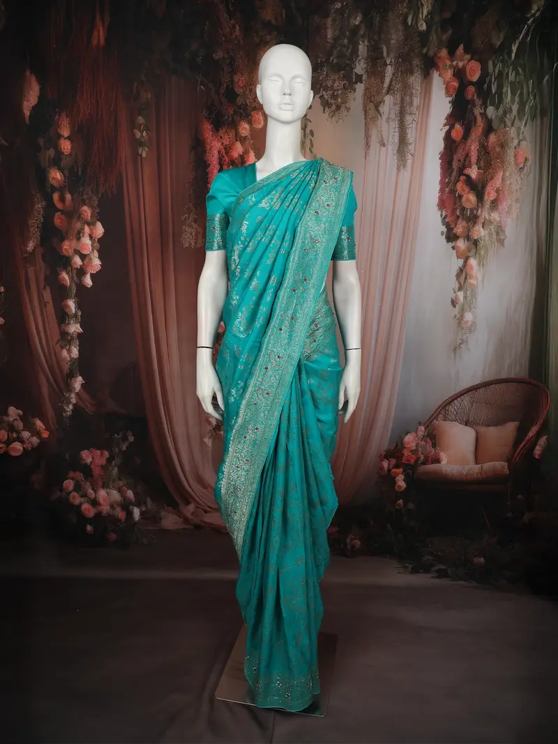 Bright Turquoise Blue Floral Vine Zari Woven Design Semi Banarasi Silk Saree With Designer Border 1