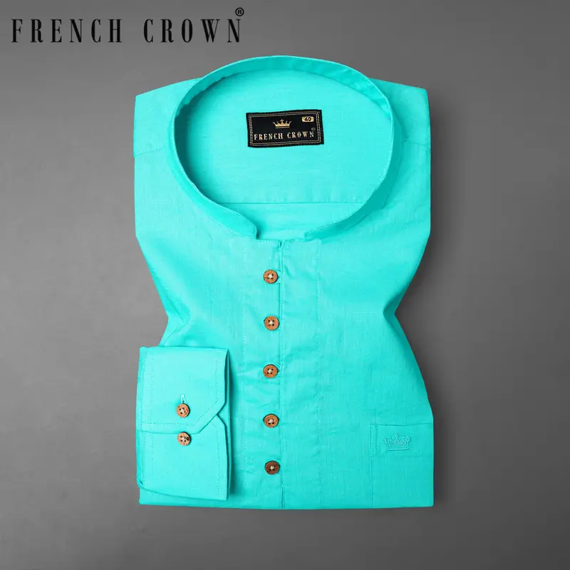 Bright Turquoise Luxurious Linen Kurta Shirt 1