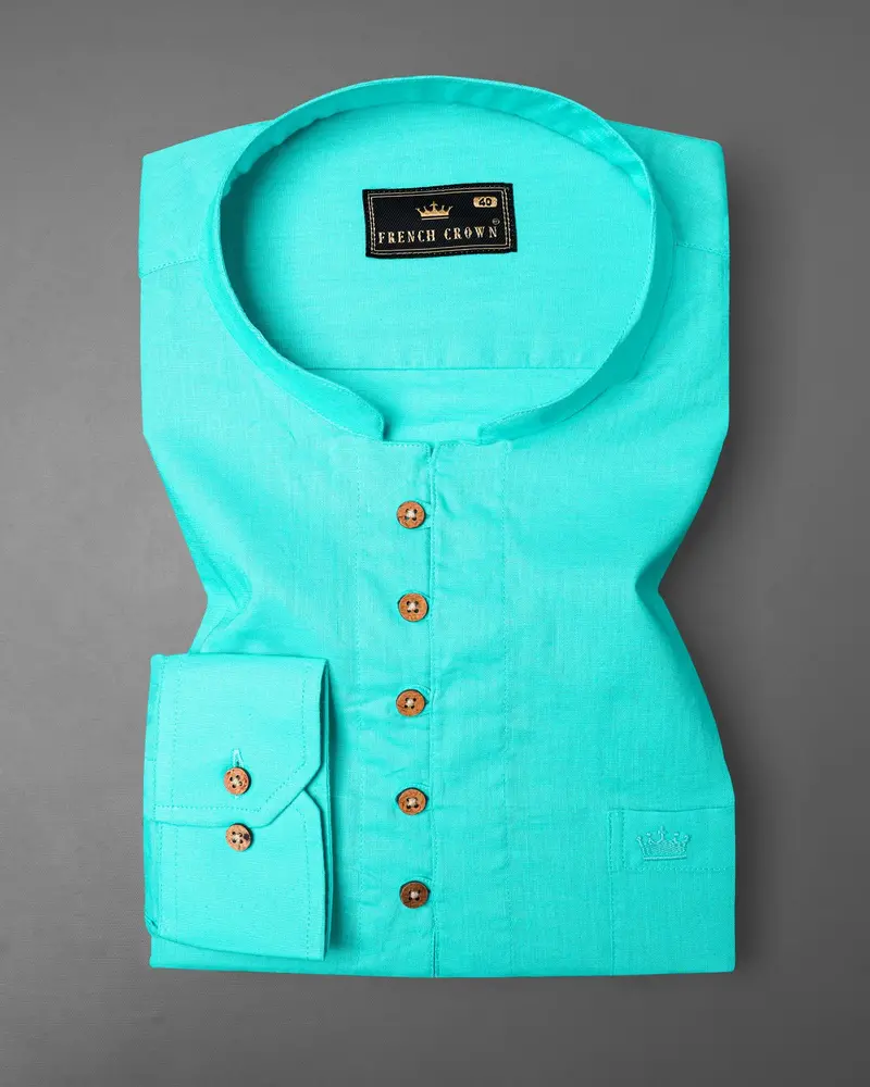 Bright Turquoise Luxurious Linen Kurta Shirt 2